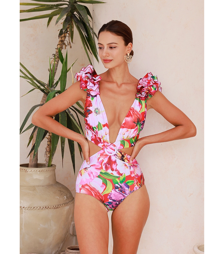 Ruffle Cut Out Floral Printed One Piece Swimsuit and Skirt