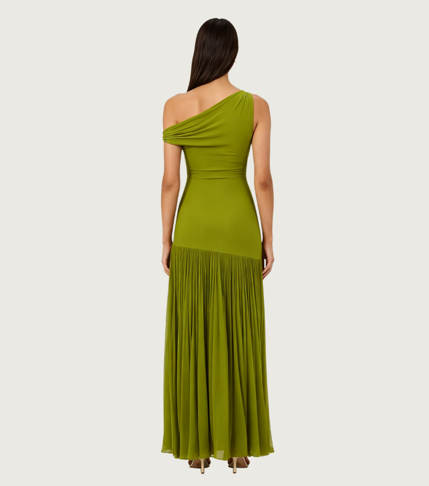 Solid Olive Green One Shoulder Ruched Mermaid Dress