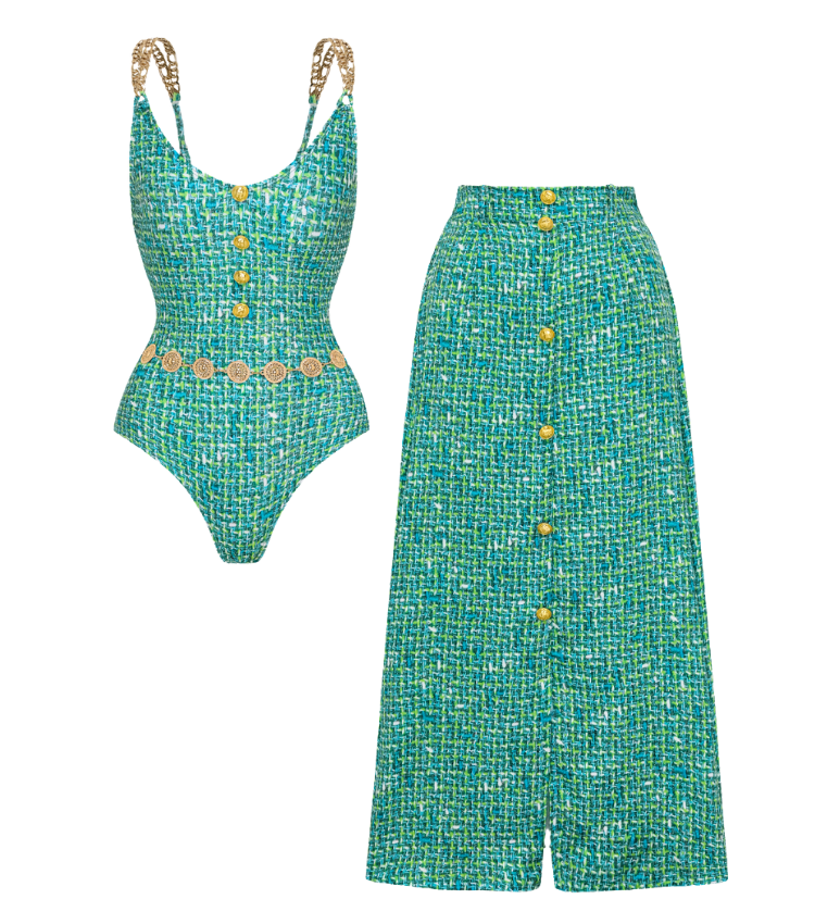 Tweed Print Metal Buckle One Piece Swimsuit and Skirt
