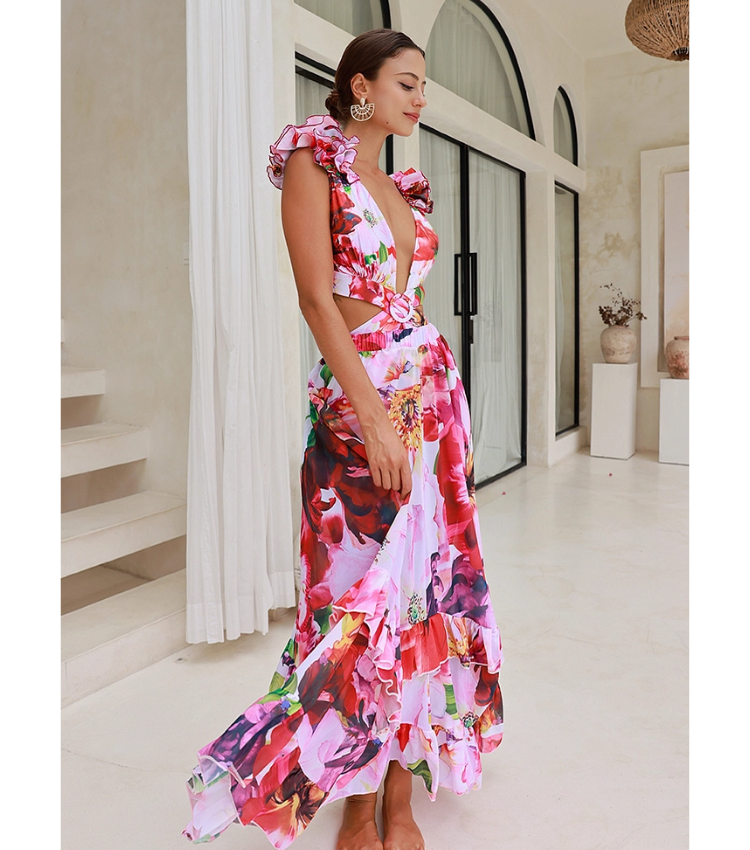 Ruffle Cut Out Floral Printed One Piece Swimsuit and Skirt