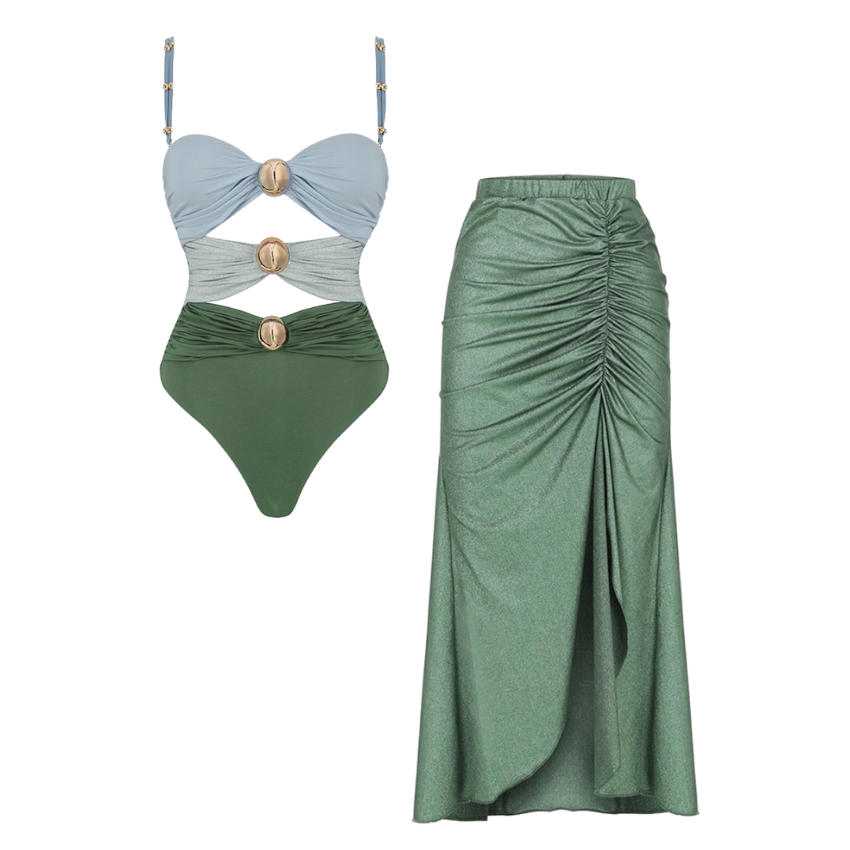 Color Block Cutout One Piece Swimsuit and Sarong