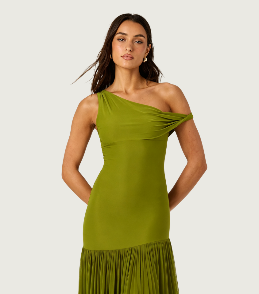 Solid Olive Green One Shoulder Ruched Mermaid Dress
