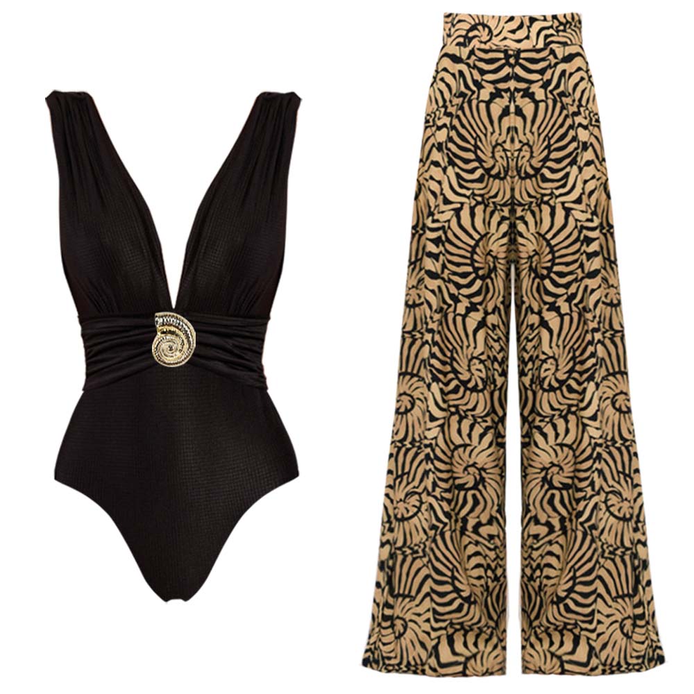 Black V-Neck Conch Decoration One Piece Swimsuit and Sarong