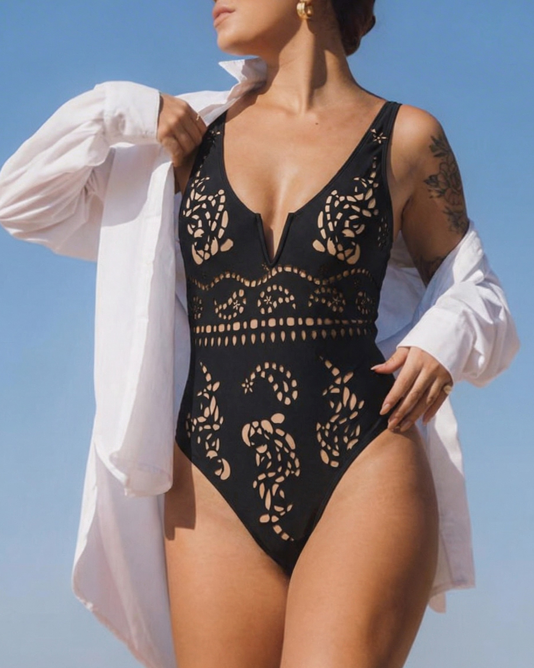 Plunge Black Laser Cut Swimsuit Set(s)