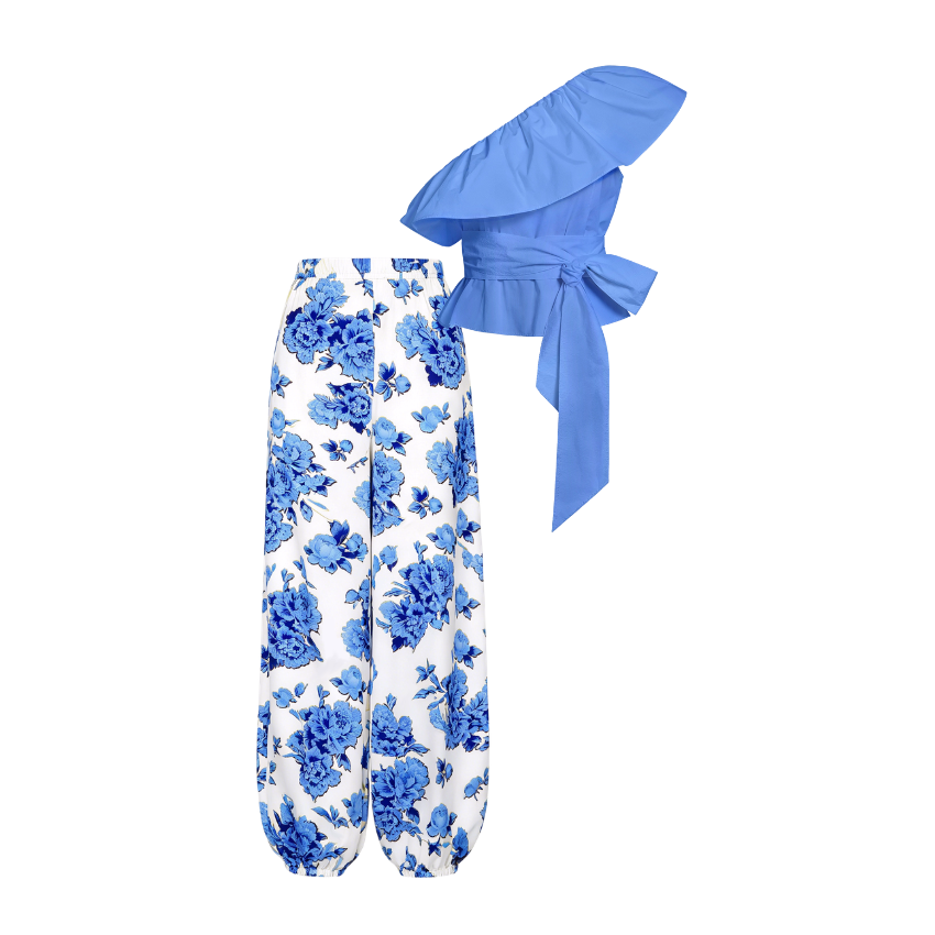  Blue Floral Wide Leg Pants Set