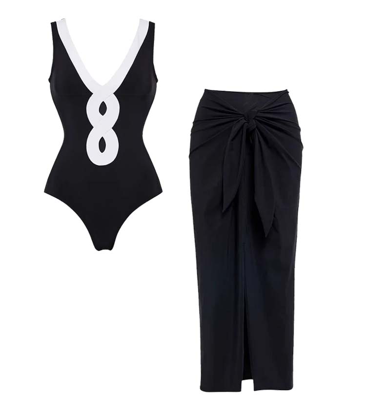 Cutout V Neck Color Block One Piece Swimsuit And Sarong Flaxmaker