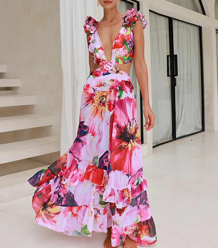 Ruffle Cut Out Floral Printed One Piece Swimsuit and Skirt