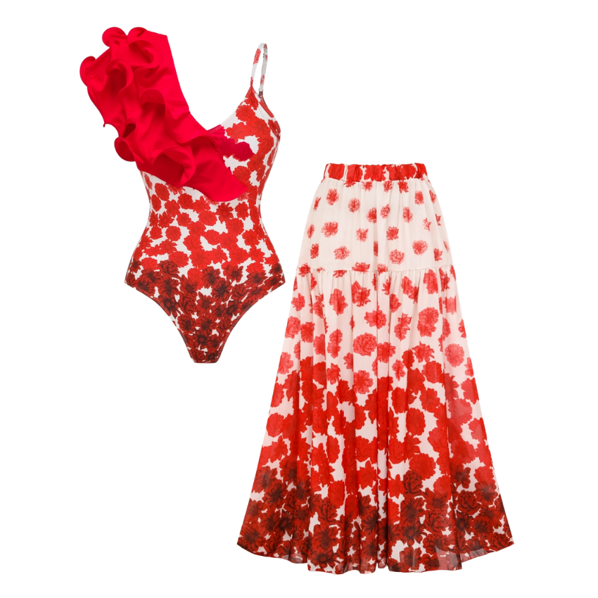 Flower Gradient Print One Shoulder Ruffle One Piece Swimsuit and Skirt
