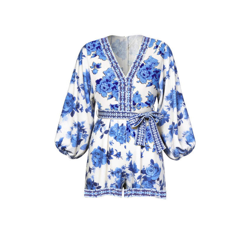 Blue Floral Balloon Sleeve V-Neck Romper