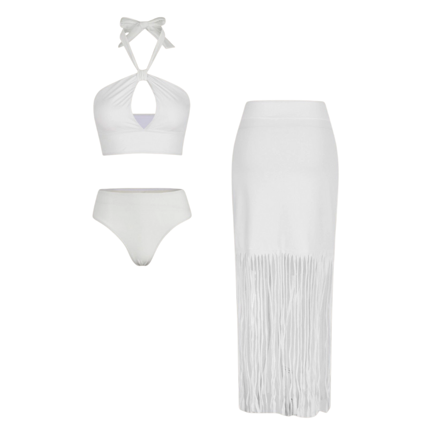 Tassel Solid Color Bikini Swimsuit and Sarong