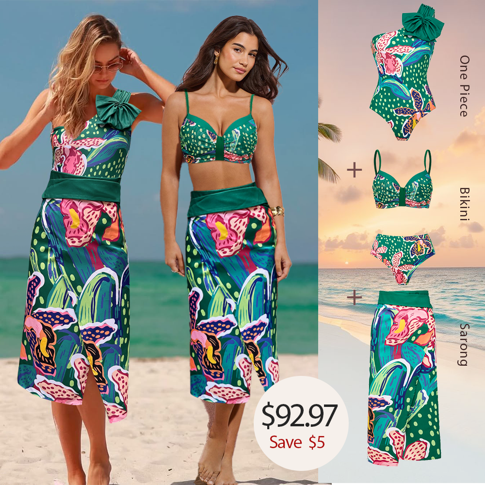 Printed One Shoulder One Piece Swimsuit and Sarong Flaxmaker