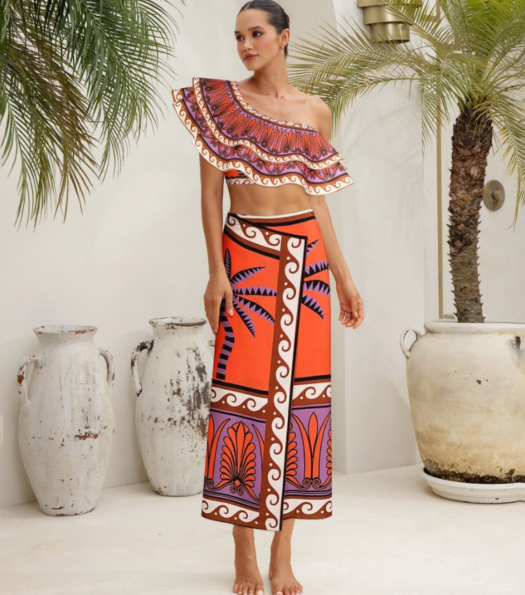One Shoulder Ruffle Printed Bikini Swimsuit and Skirt Flaxmaker