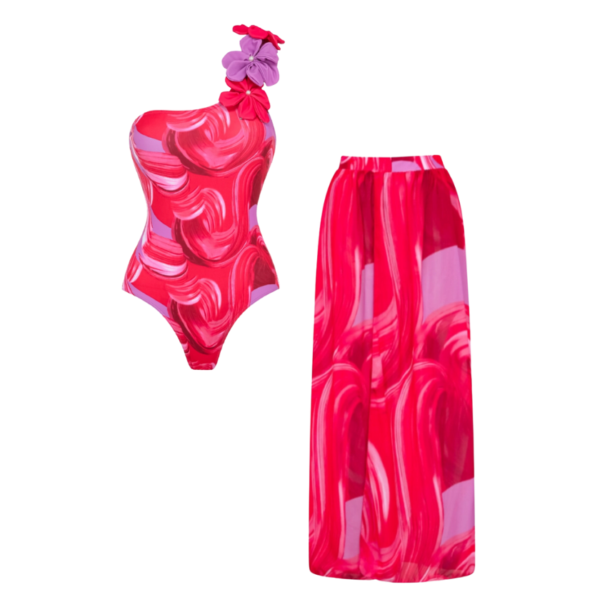 One Shoulder 3D Flower Decor Printed One Piece Swimsuit and Skirt