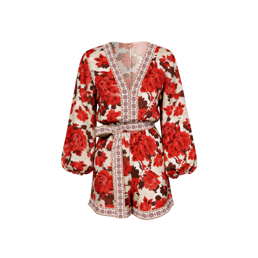 Red Floral Trim Detail Balloon Sleeve Romper