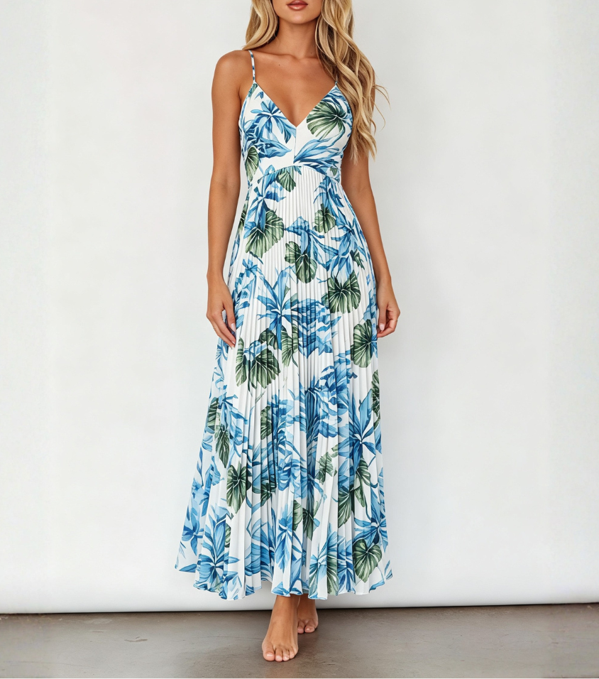 Tropical Leaf Print Crisscross Strap Pleated Maxi Dress