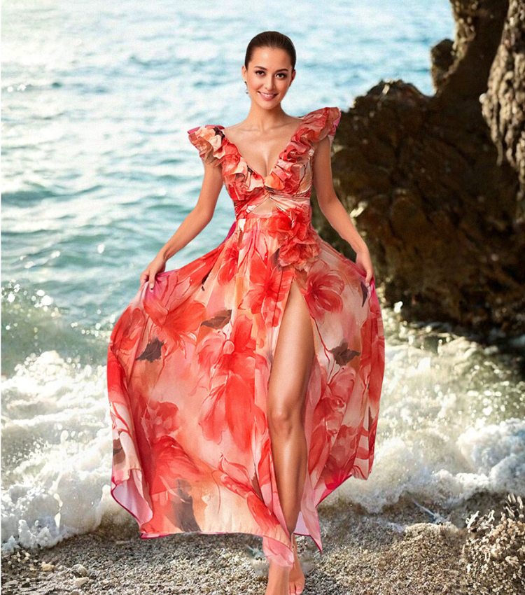 Ruffle Shoulder Flower Print One Piece Swimsuit and Skirt