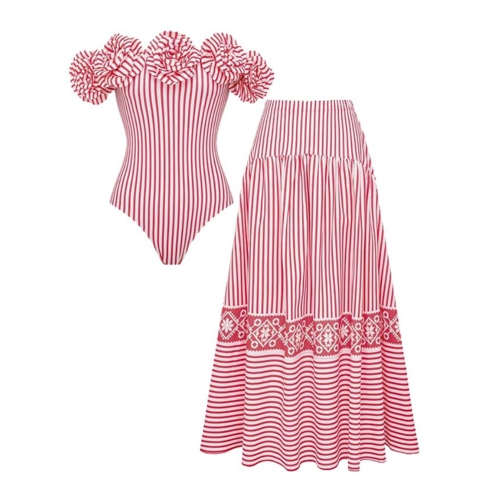 One Shoulder 3D Flower One Piece Swimsuit and Skirt