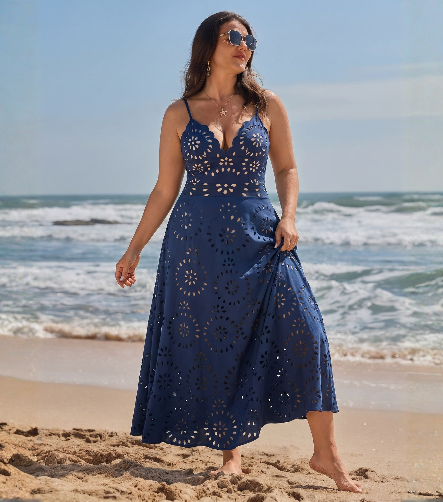 Plus Size Navy Blue Laser Cutting Flower Hollow One Piece Swimsuit and Skirt