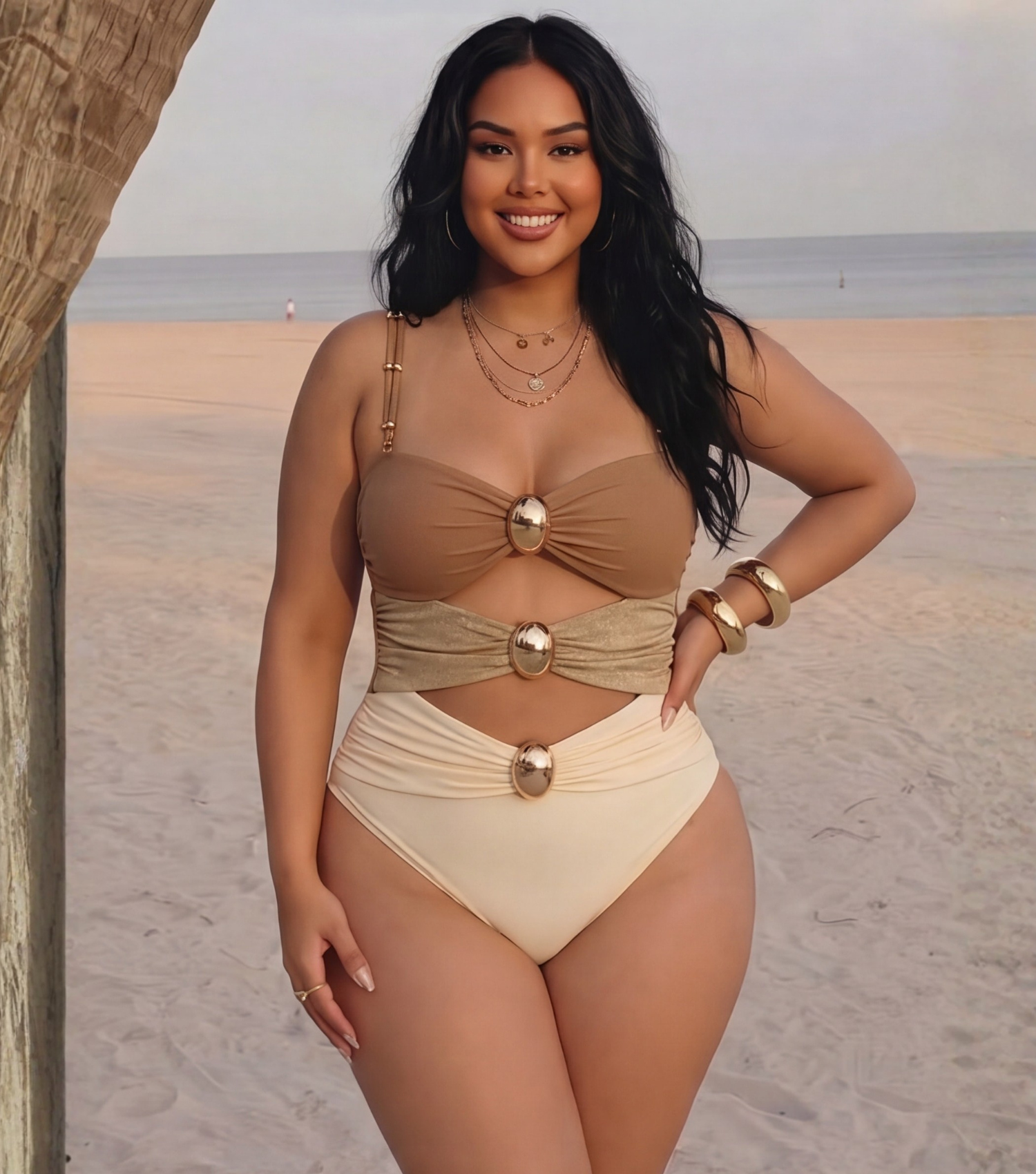 Plus Size Color Block Cutout One Piece Swimsuit and Sarong