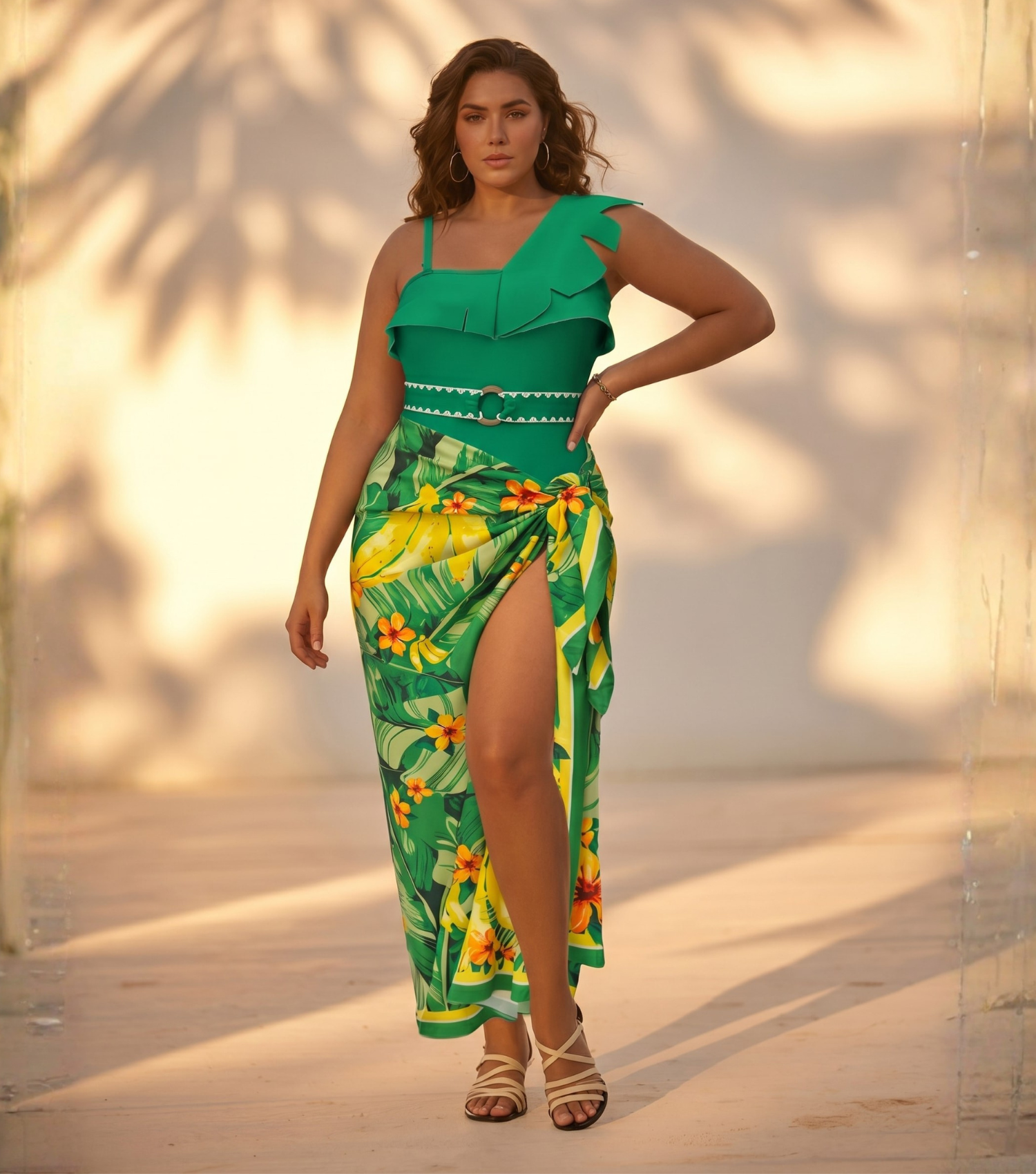 Plus Size 3D leaf-patterned Print Swimsuit Set(s)