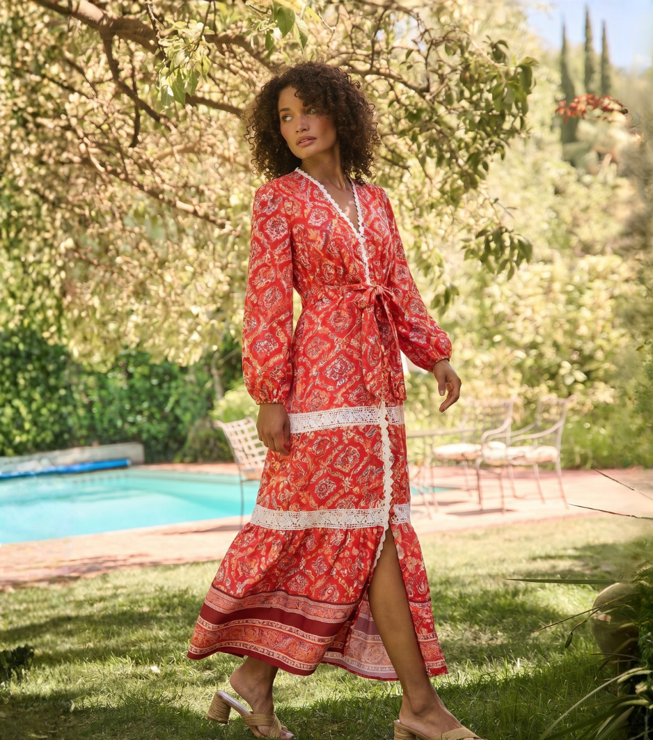Red Ethnic Geometric Lace Trim Bubble Sleeve Maxi Dress