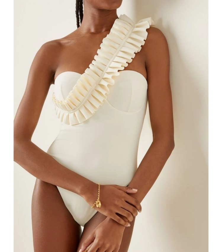 One Shoulder Ruffle White One Piece Swimsuit and Skirt Flaxmaker