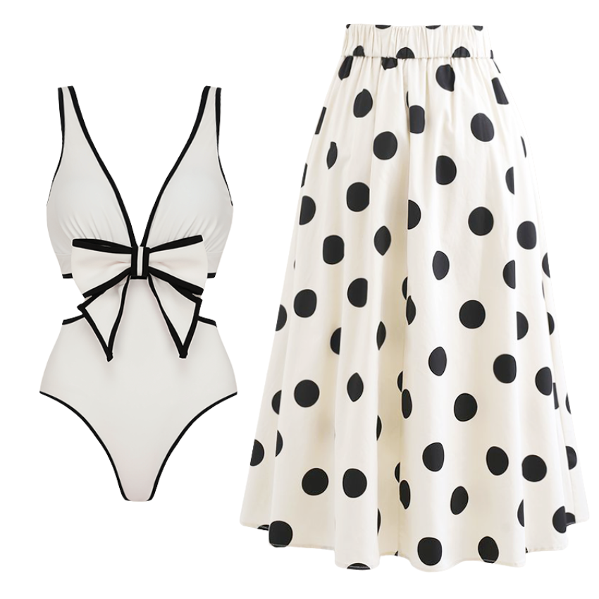 3D Bow Decor Black and White One Piece Swimsuit and Skirt