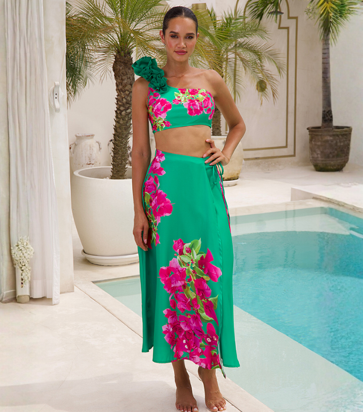 Pink Bougainvillea Flower Printed Bikini Swimsuit and Skirt Flaxmaker