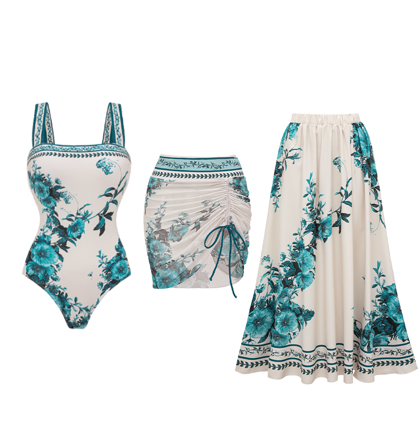 Dark Cyan Botanical Flower Print Swimsuit Set(s)