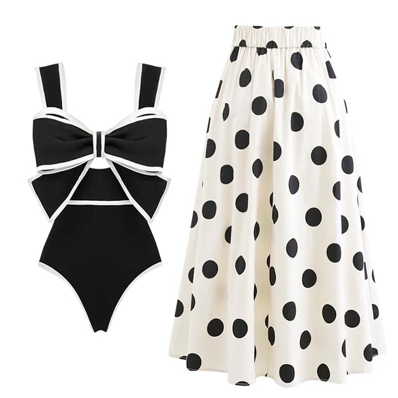 Black and White Bow Decor One Piece Swimsuit and Skirt Flaxmaker
