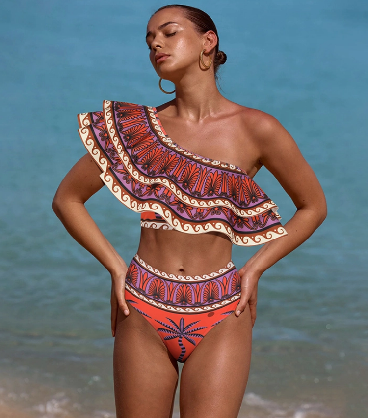 One Shoulder Ruffle Printed Bikini Swimsuit and Skirt Flaxmaker