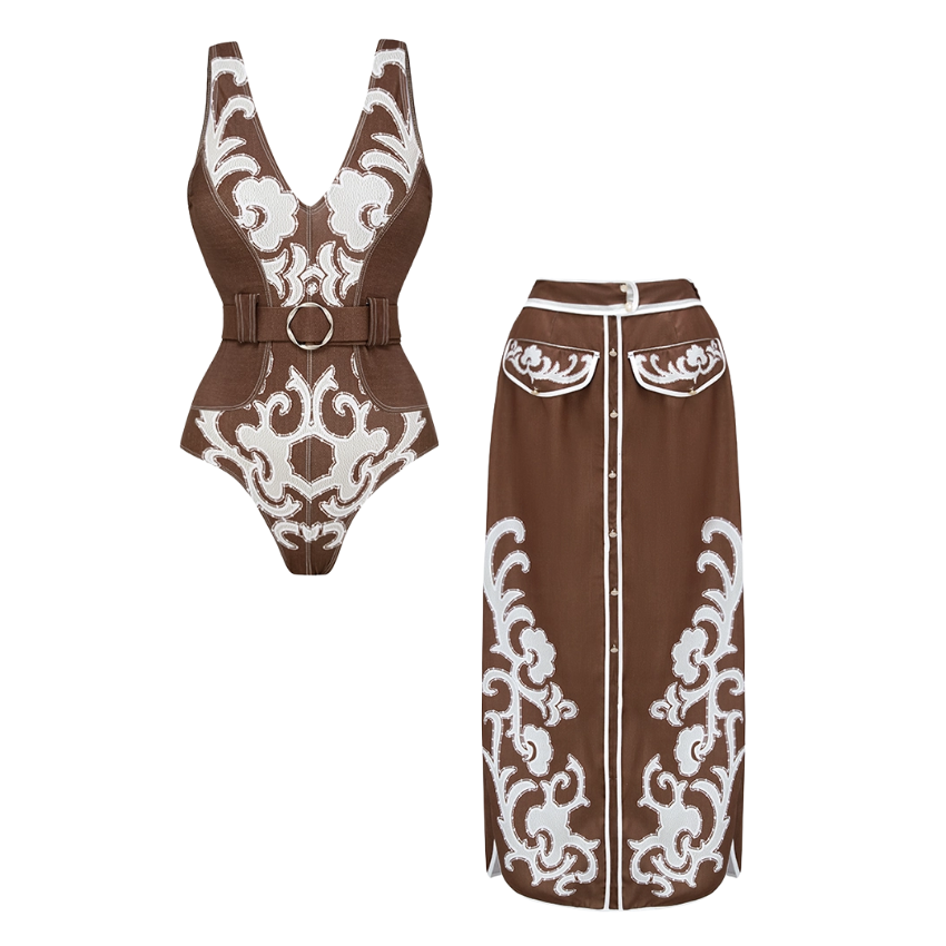 V Neck Belted Ethnic Print One Piece Swimsuit and Skirt Flaxmaker