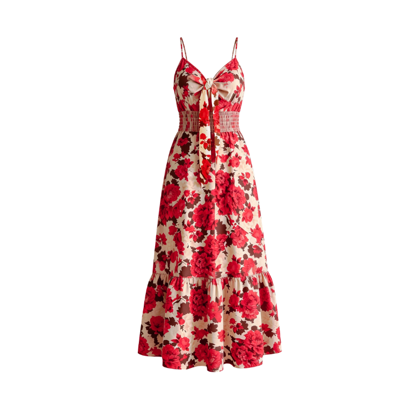 Red Floral Tie-Front Spaghetti Strap Tiered Maxi Dress