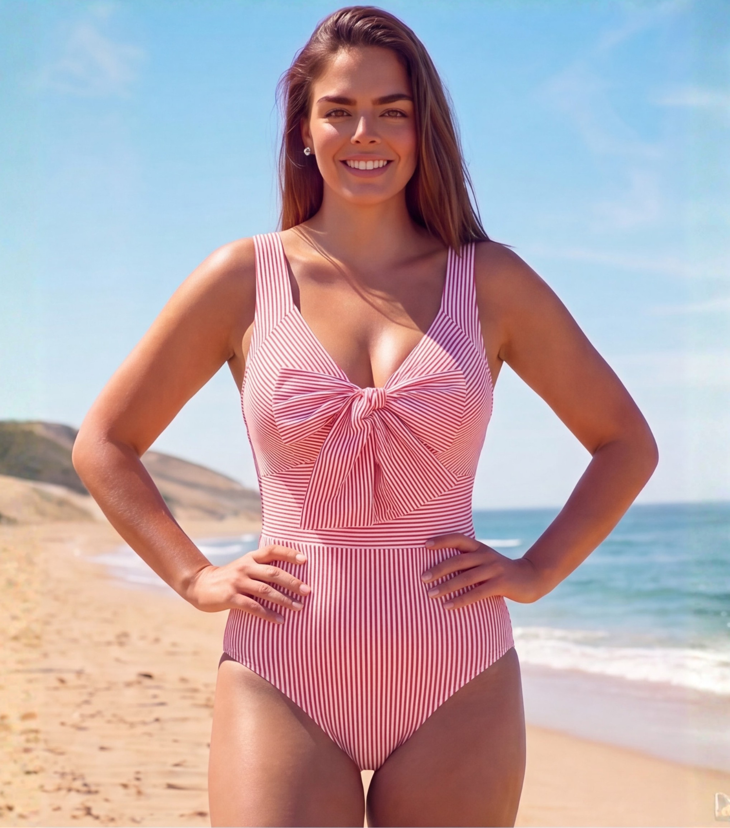 Plus Size Bowknot Striped Print One Piece Swimsuit and Skirt