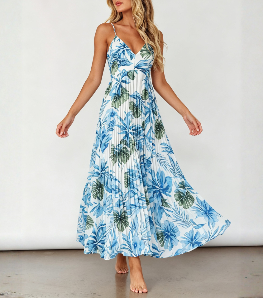 Tropical Leaf Print Crisscross Strap Pleated Maxi Dress