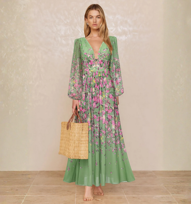 Long Sleeve Floral One Piece Swimsuit and Skirt