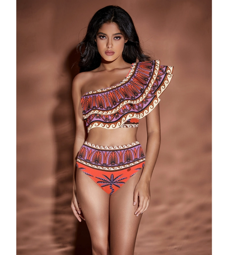 One Shoulder Ruffle Printed Bikini Swimsuit and Skirt Flaxmaker