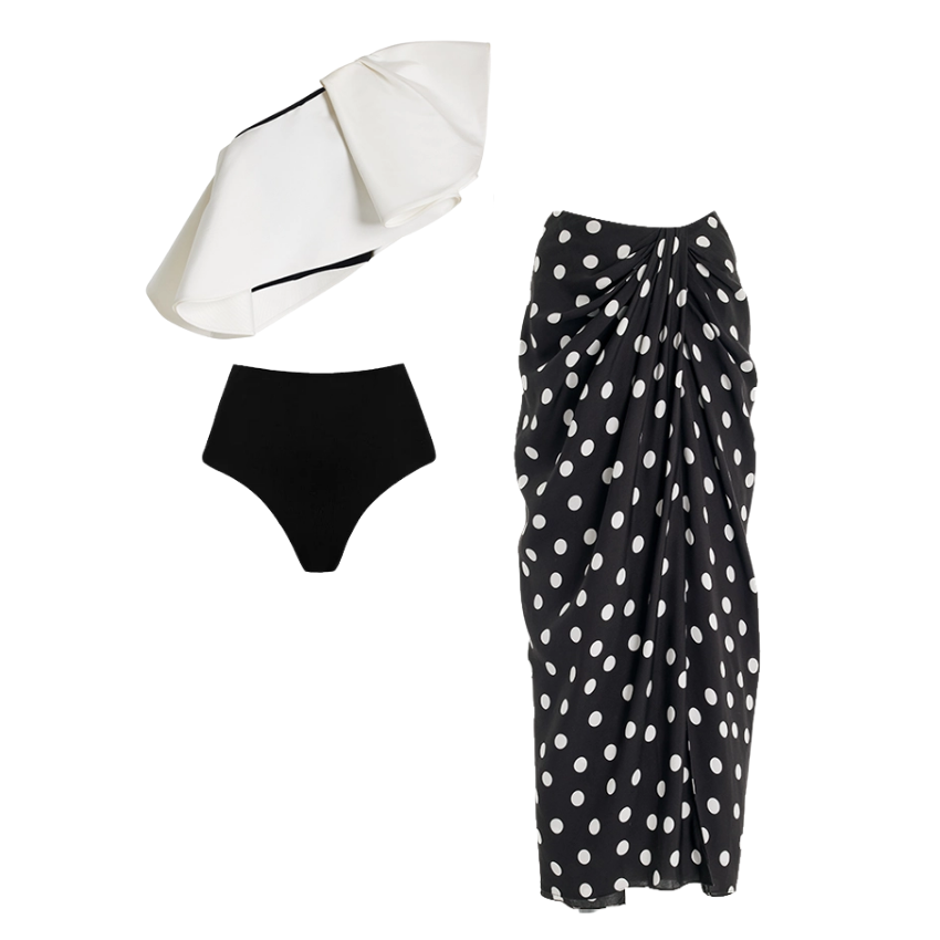 One Shoulder Ruffle Polka Dot Printed Bikini Swimsuit and Sarong Flaxmaker