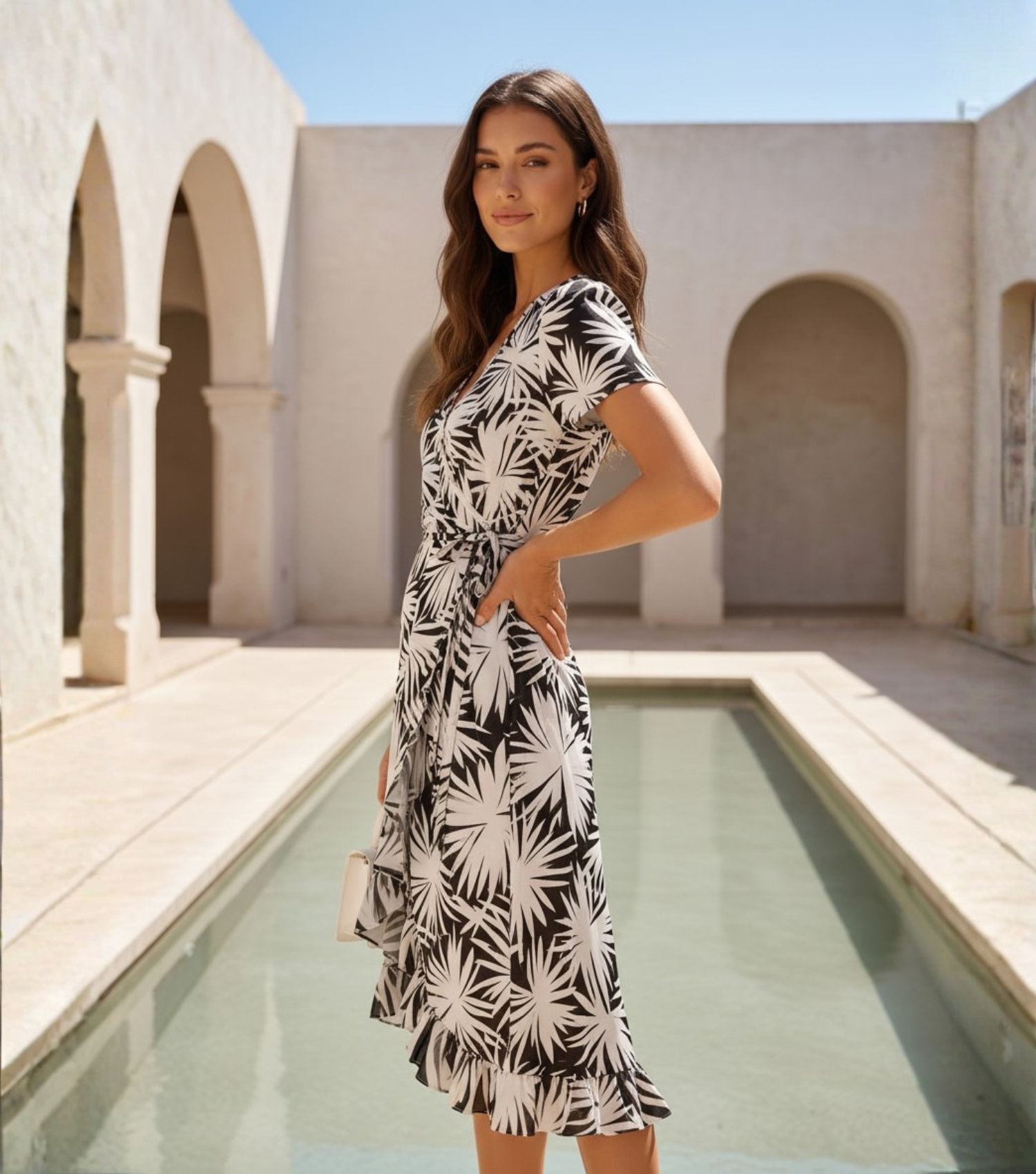 Black Palm Wrap Midi Dress