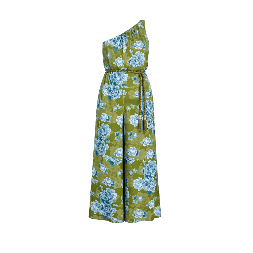 Green Base Blue Floral One-Shoulder Belted Jumpsuit