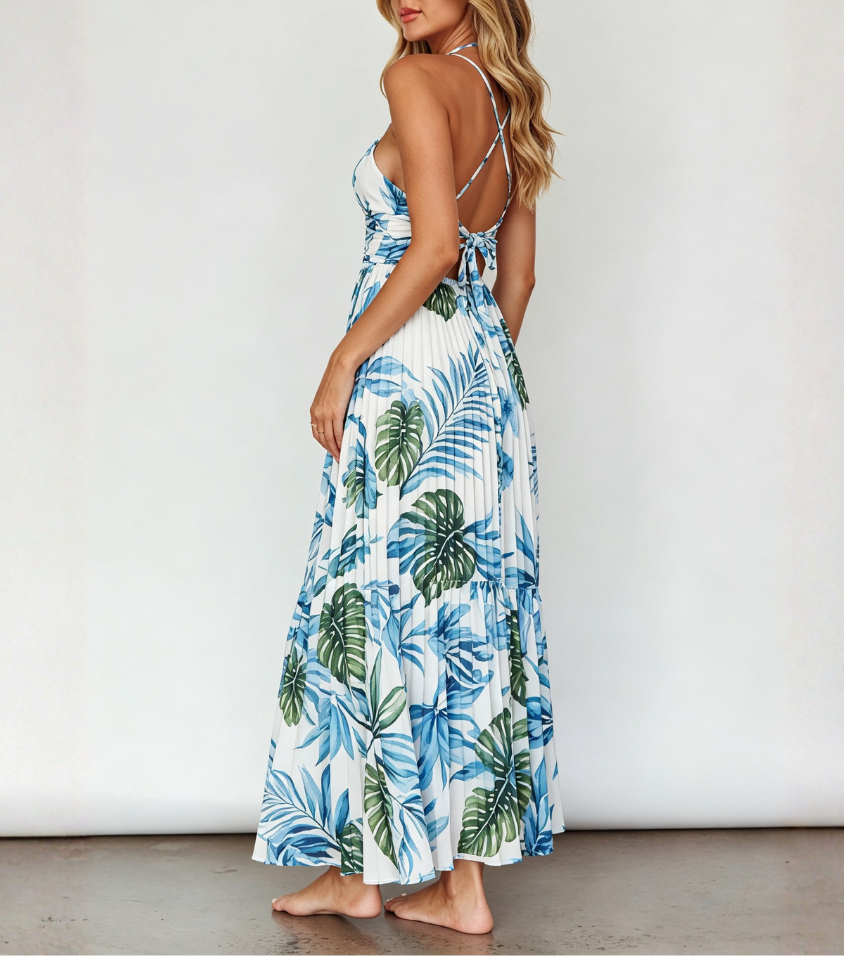 Tropical Leaf Print Crisscross Strap Pleated Maxi Dress