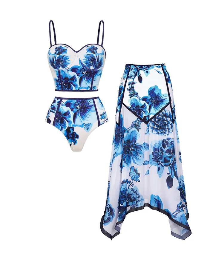 Floral Series Pattern Print Bikini Swimsuit and Skirt
