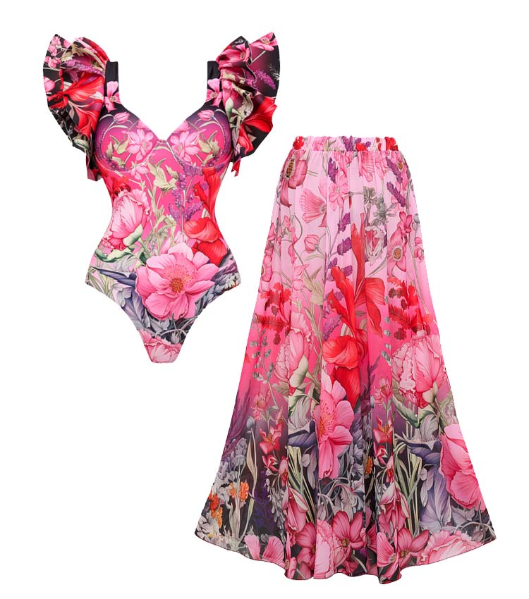 Ruffled Blooming Flowers Print One Piece Swimsuit and Sarong