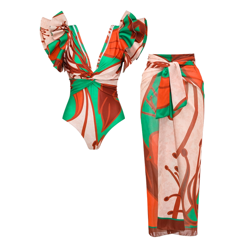 V Neck Ruffle Pattern Print One Piece Swimsuit and Sarong