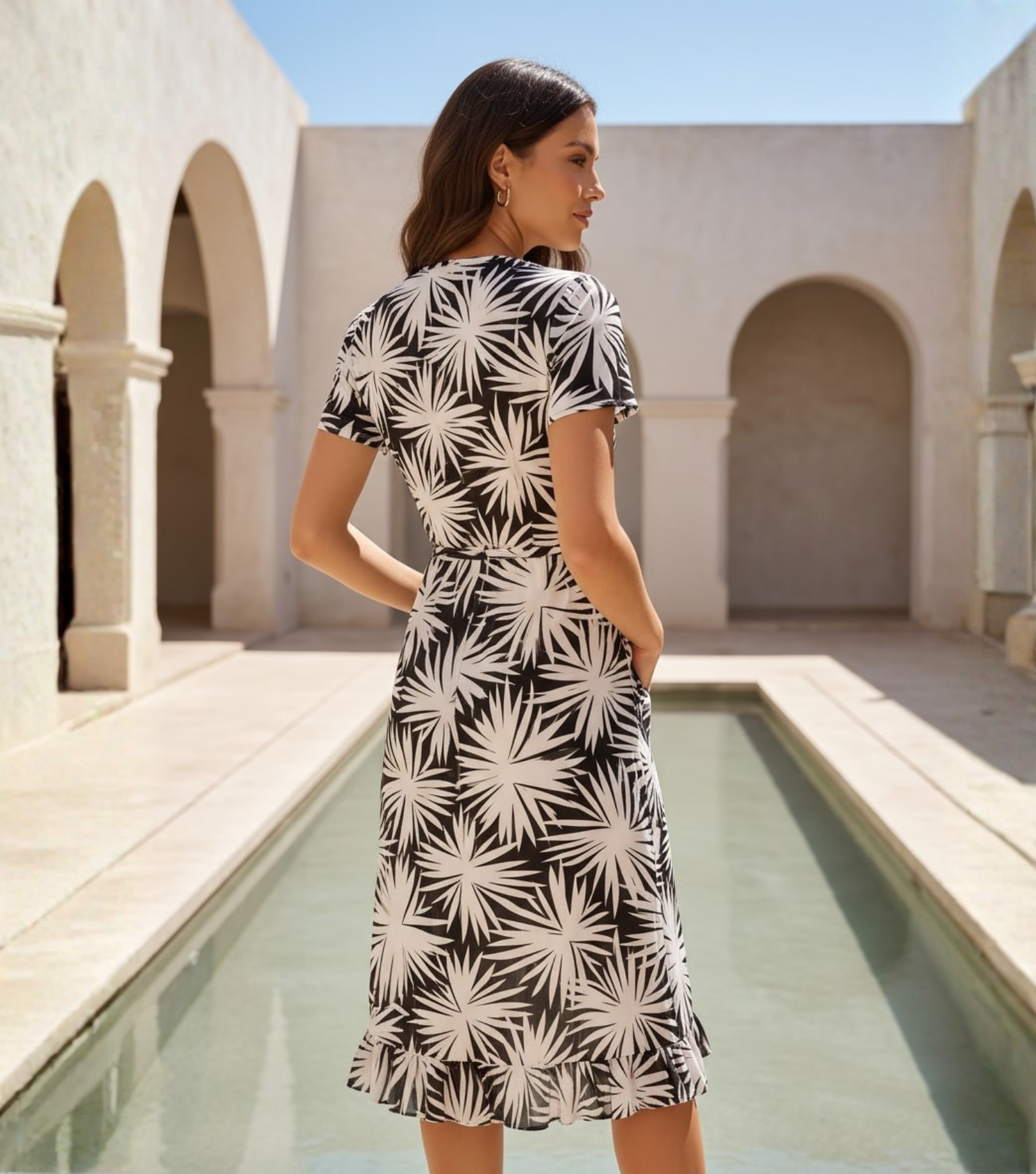 Black Palm Wrap Midi Dress