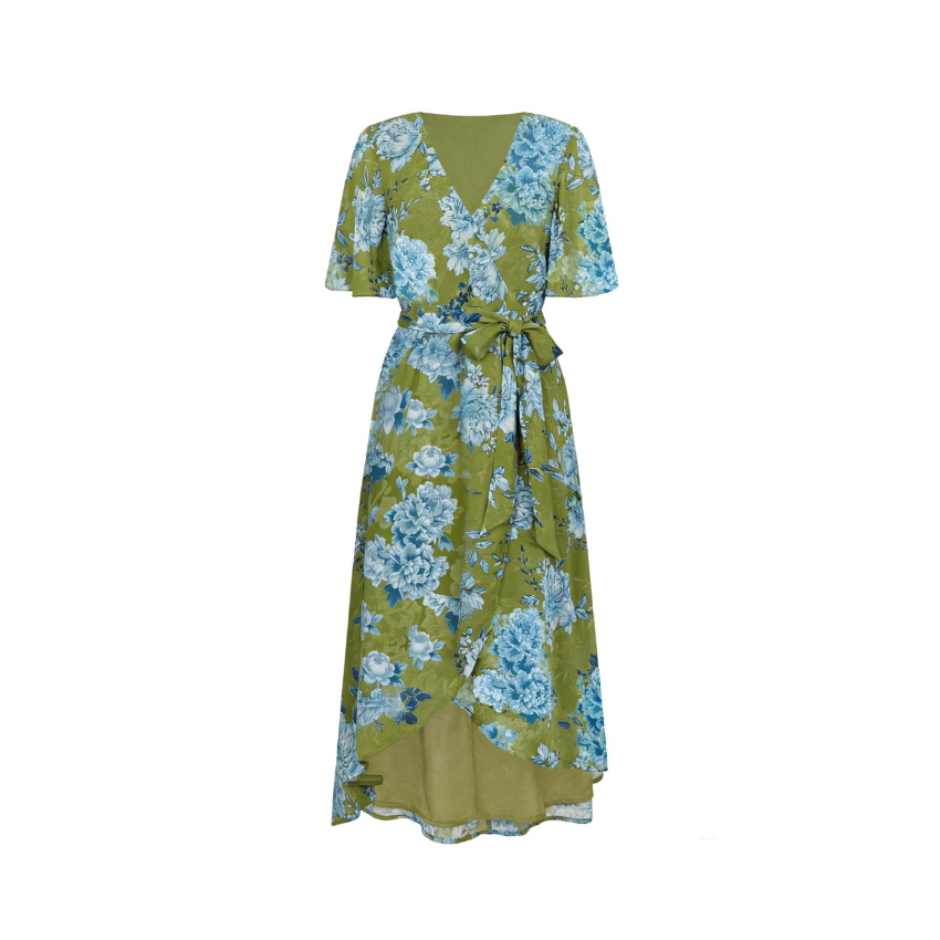 Green Base Blue Floral Wrap Midi Dress