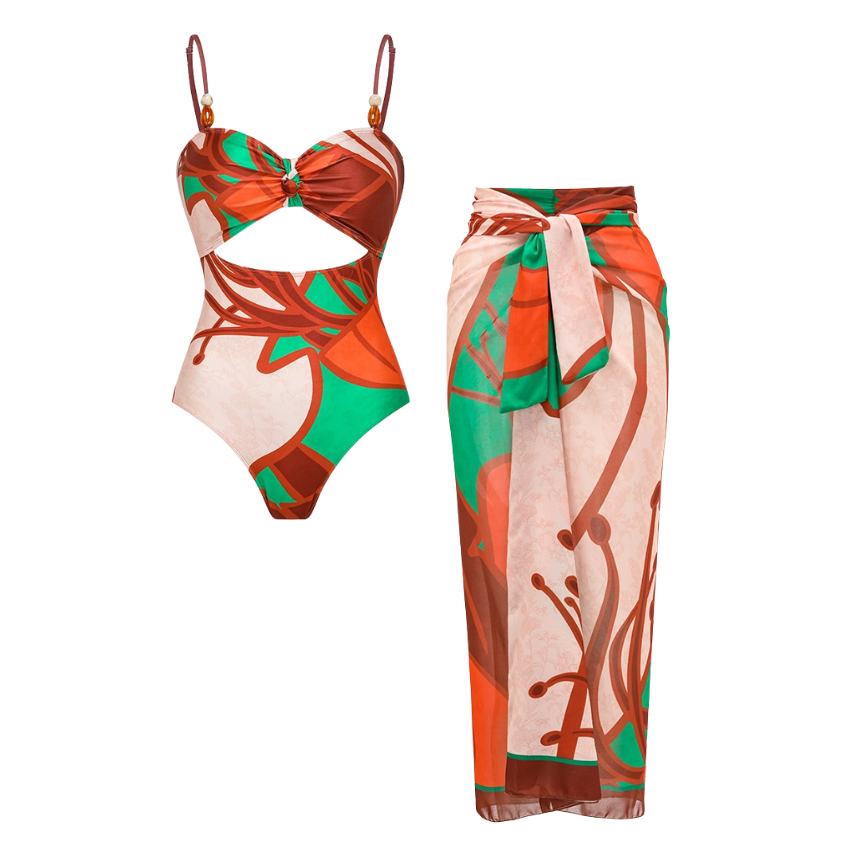 Sling Cut Out Artificial Stone One Piece Swimsuit and Sarong Flaxmaker