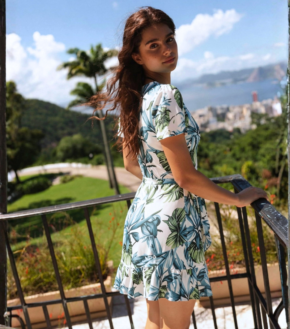 Tropical Leaf Print Short Sleeve Wrap Mini Dress
