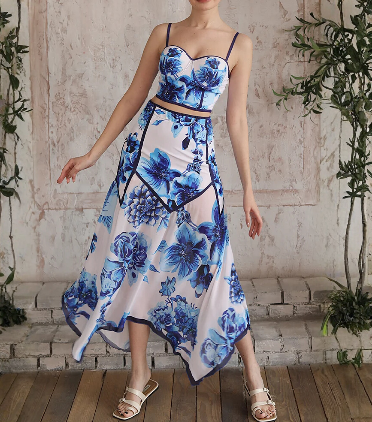 Floral Series Pattern Print Bikini Swimsuit and Skirt