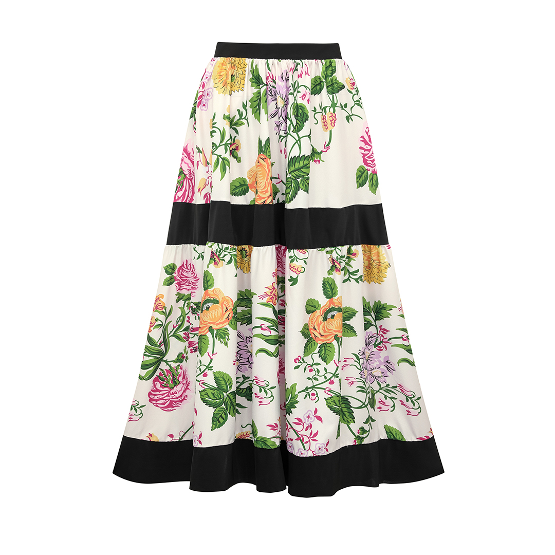 Off Shoulder Back Bow Tie Color Block Printed One Piece Swimsuit and Skirt Flaxmaker